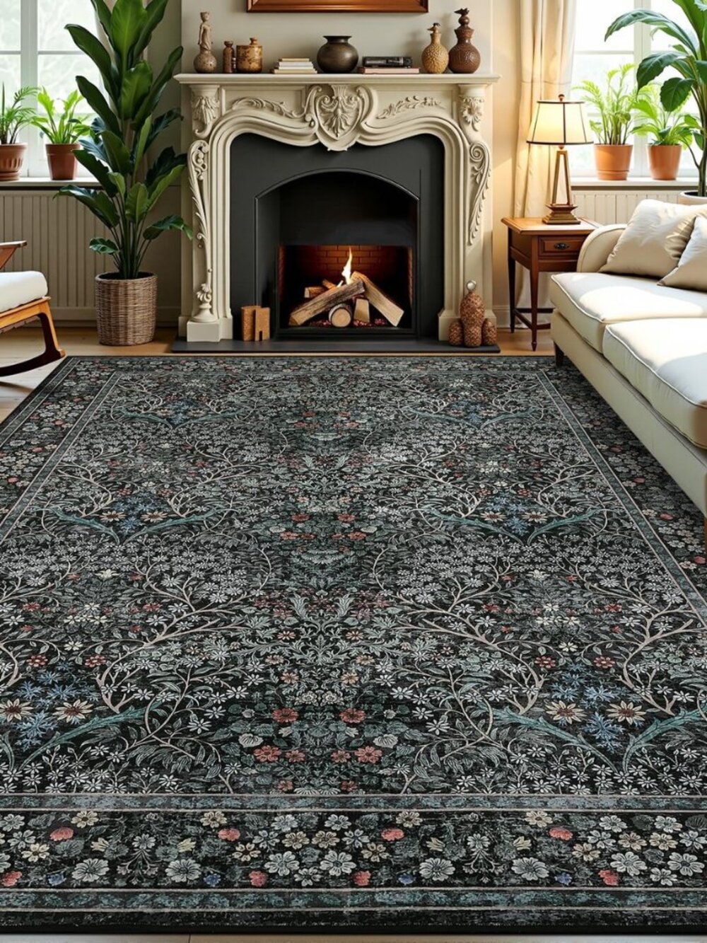 5x7 Floral Washable Area Rug, Black Low Pile Non Slip Large Rug